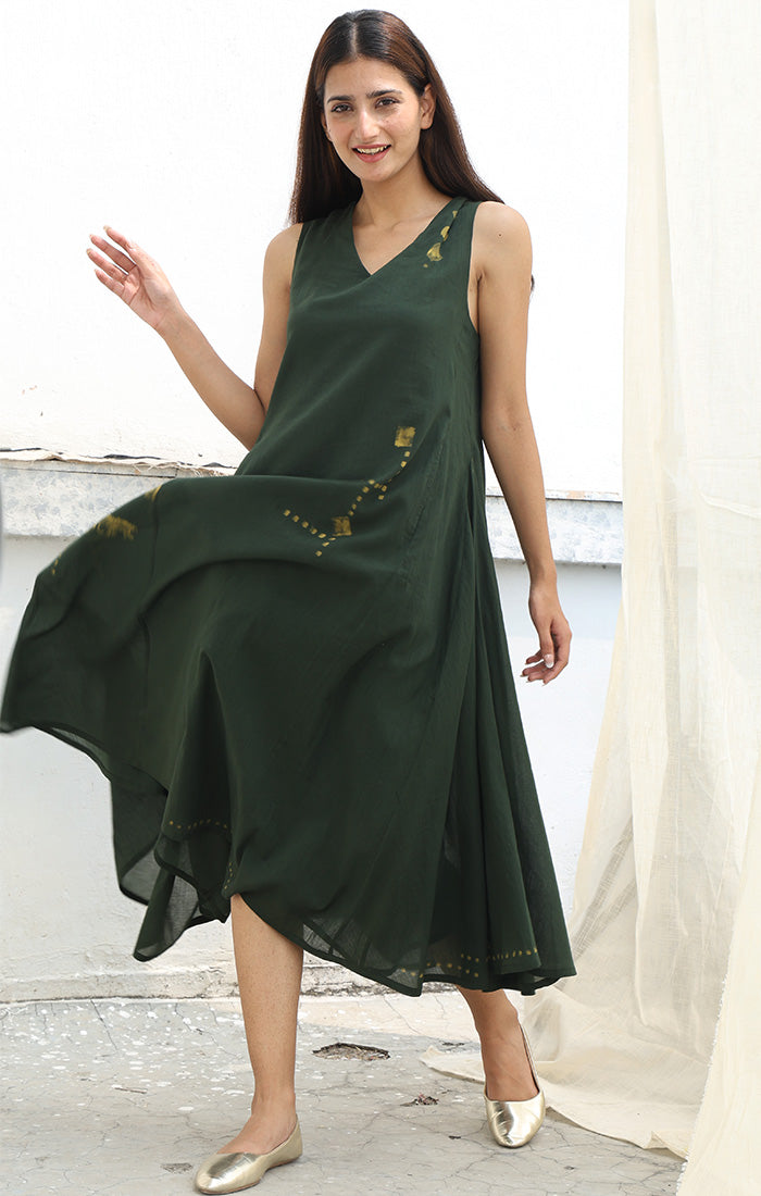Olive Green Dress with Discharge Print
