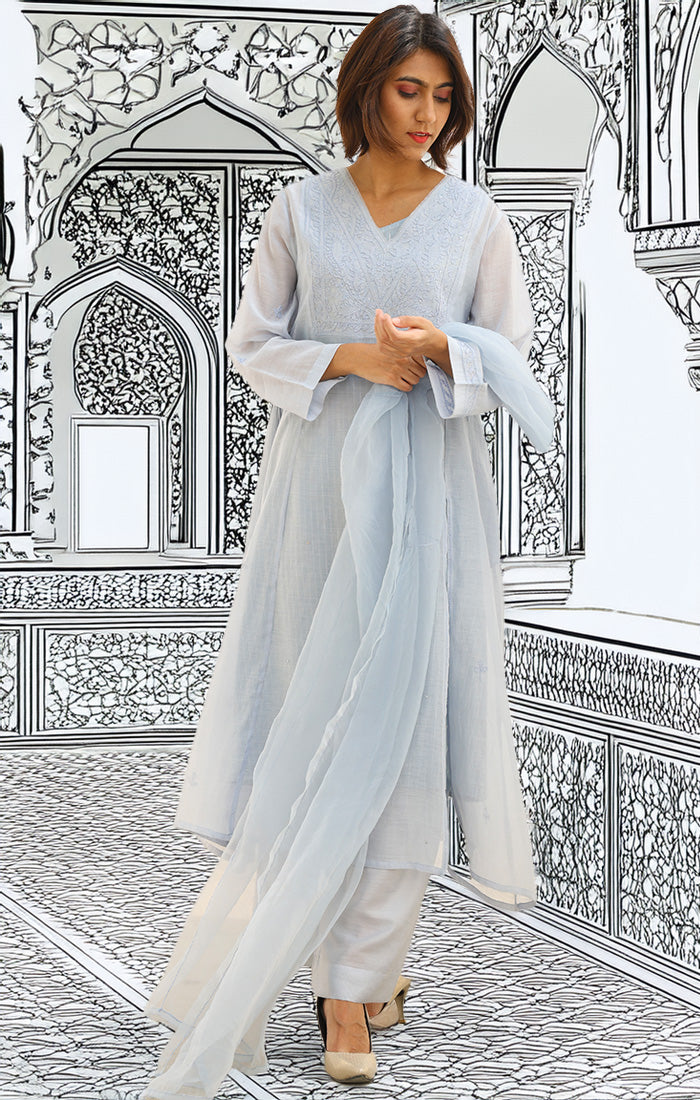 Ice Blue Chanderi Chikankari Kurta with Pants and Silk Organza Dupatta