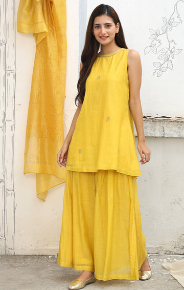Mustard Halter Neck Black Top with Palazzo  and Stole