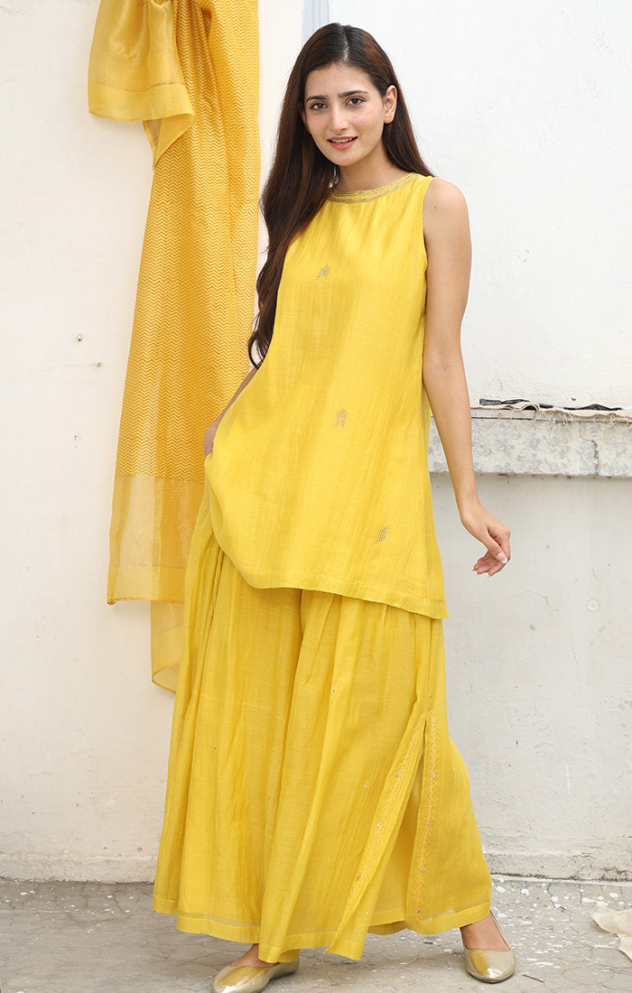 Mustard Halter Neck Black Top with Palazzo  and Stole