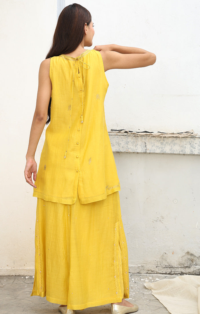 Mustard Halter Neck Black Top with Palazzo  and Stole