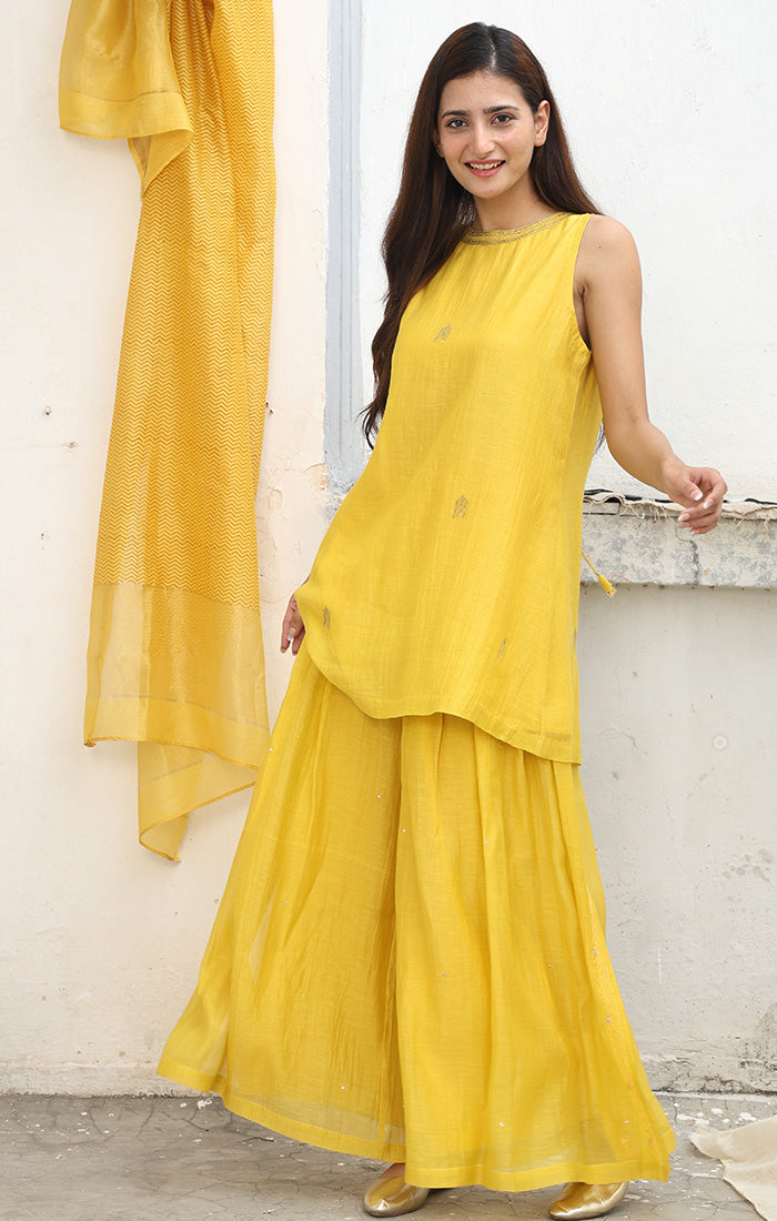 Mustard Halter Neck Black Top with Palazzo  and Stole