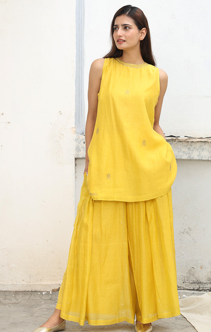 Mustard Halter Neck Black Top with Palazzo  and Stole