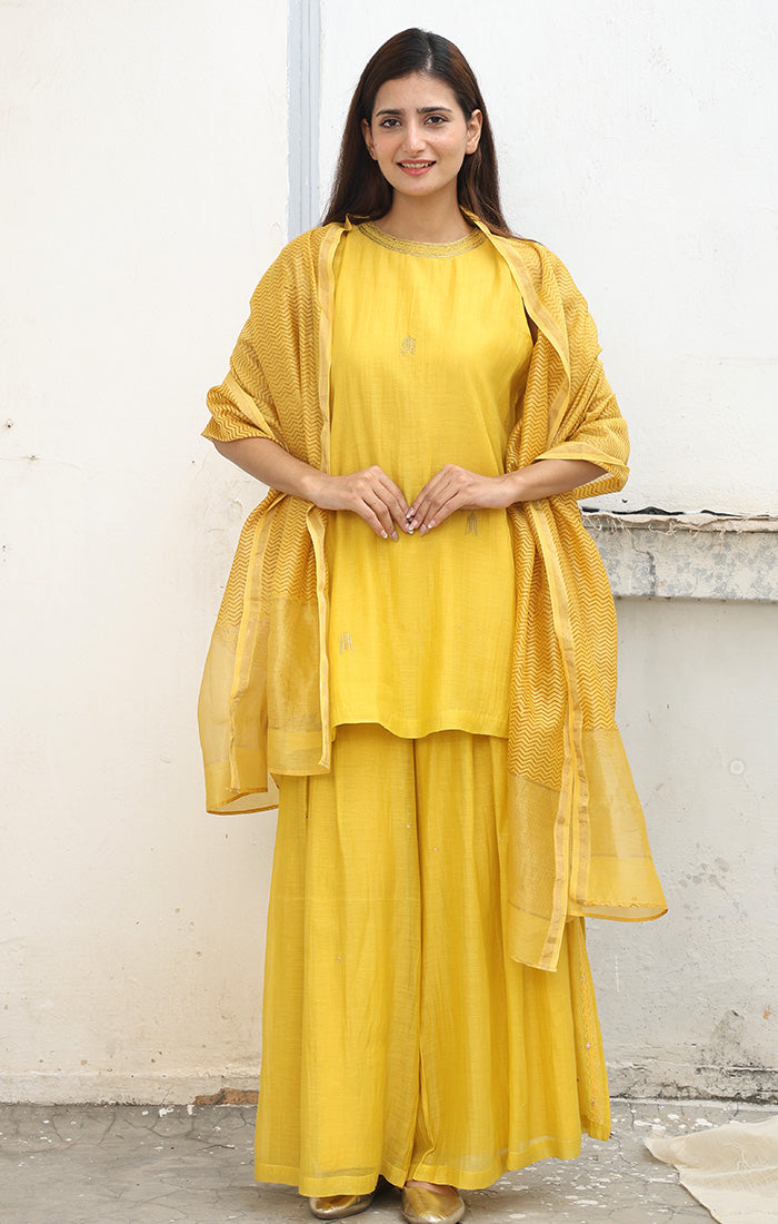 Mustard Halter Neck Black Top with Palazzo  and Stole