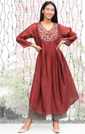 Chanderi Kurta in Cranberry Red with Handblock Prints