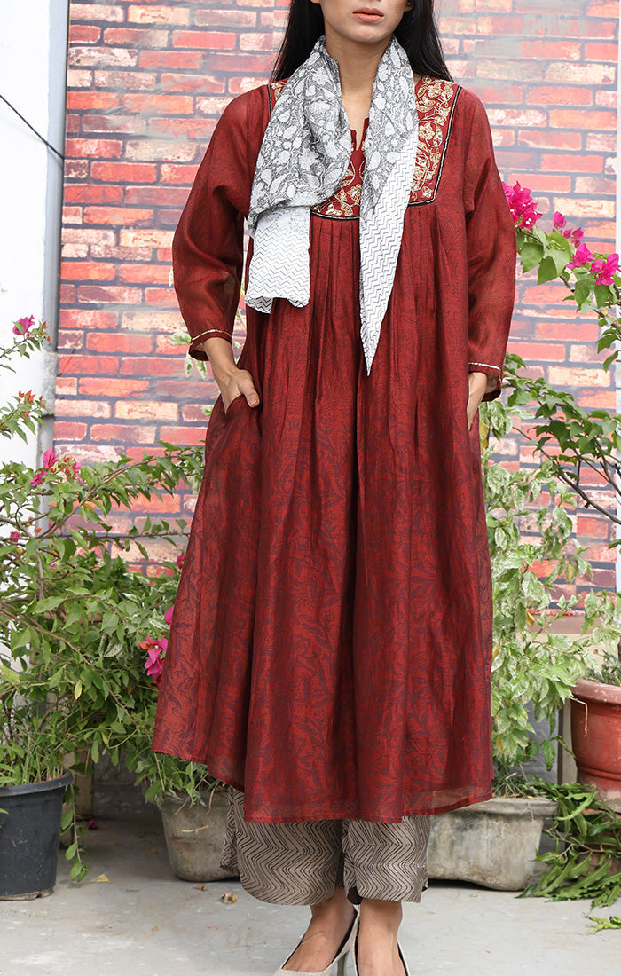 Chanderi Kurta in Cranberry Red with Handblock Prints with Mocha Brown Modal Satin Pantss