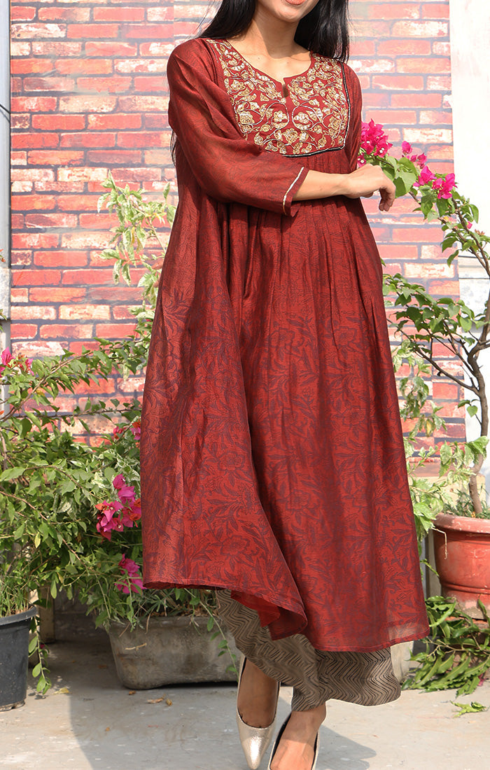 Chanderi Kurta in Cranberry Red with Handblock Prints with Mocha Brown Modal Satin Pantss