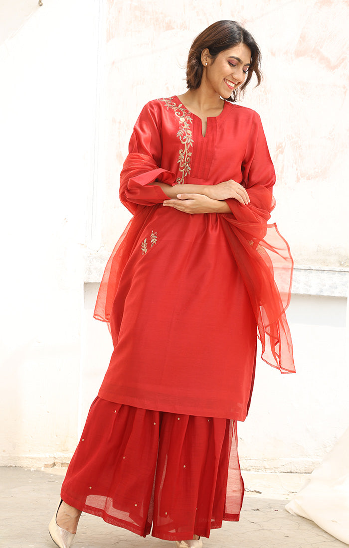 Chanderi Kurta in Scarlet Red with Palazzo and Silk Organza Dupatta.