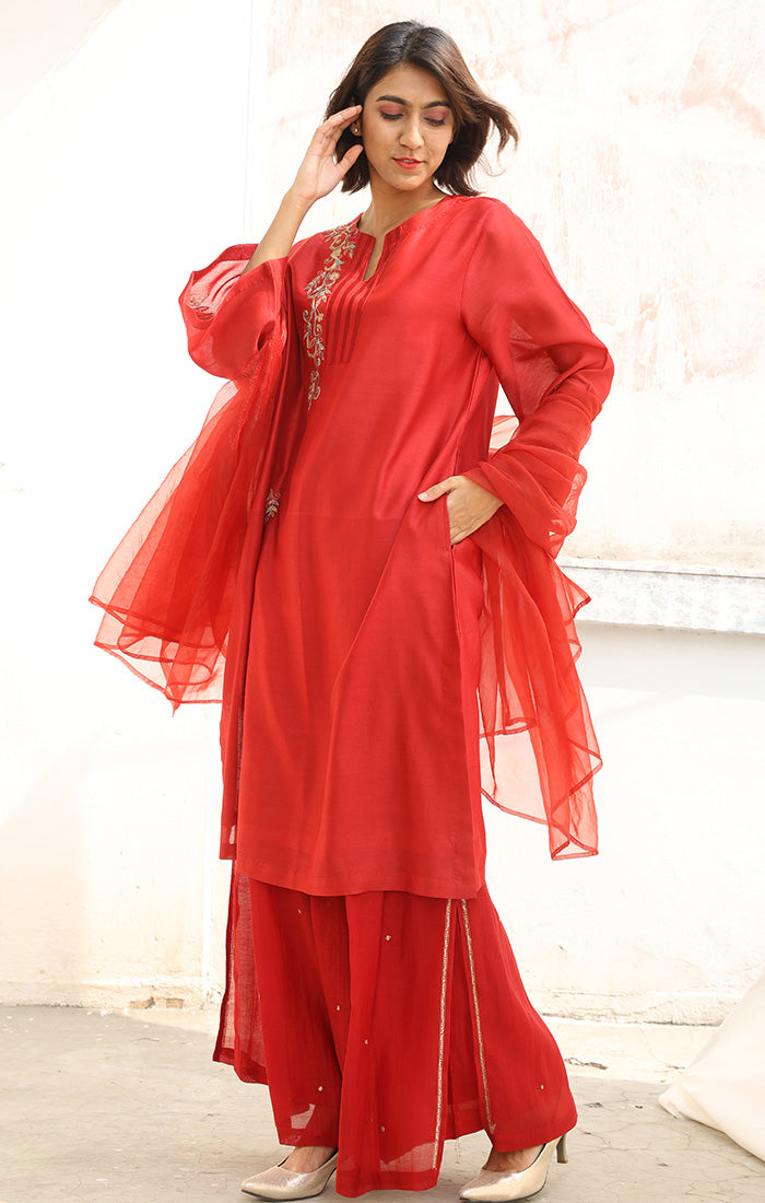 Chanderi Kurta in Scarlet Red with Palazzo and Silk Organza Dupatta.