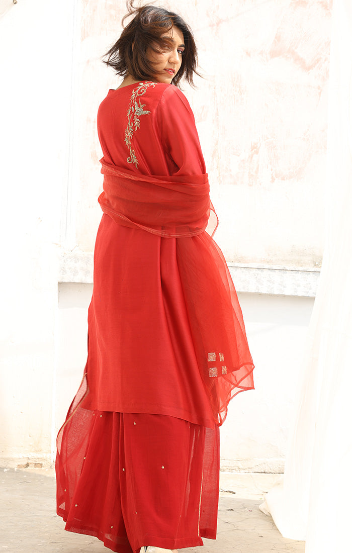 Chanderi Kurta in Scarlet Red with Palazzo and Silk Organza Dupatta.