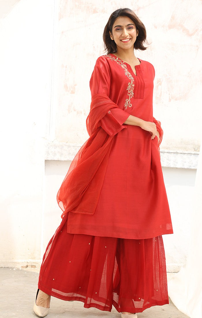 Chanderi Kurta in Scarlet Red with Palazzo and Silk Organza Dupatta.