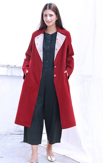 Cherry Red Wool Twill Overcoat