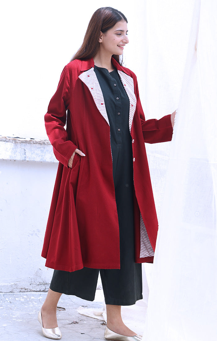Cherry Red Wool Twill Overcoat
