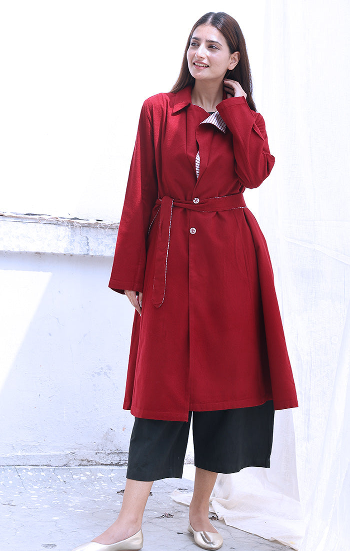 Cherry Red Wool Twill Overcoat