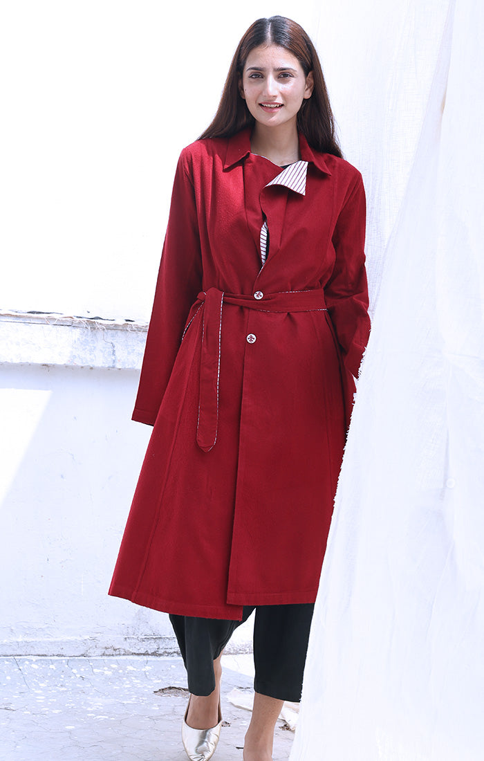 Cherry Red Wool Twill Overcoat