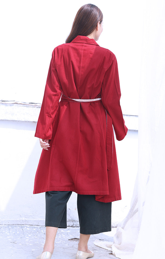 Cherry Red Wool Twill Overcoat