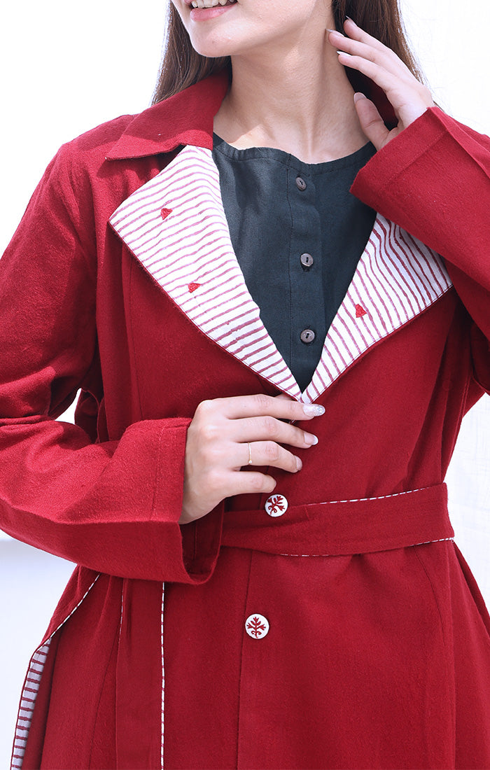 Cherry Red Wool Twill Overcoat