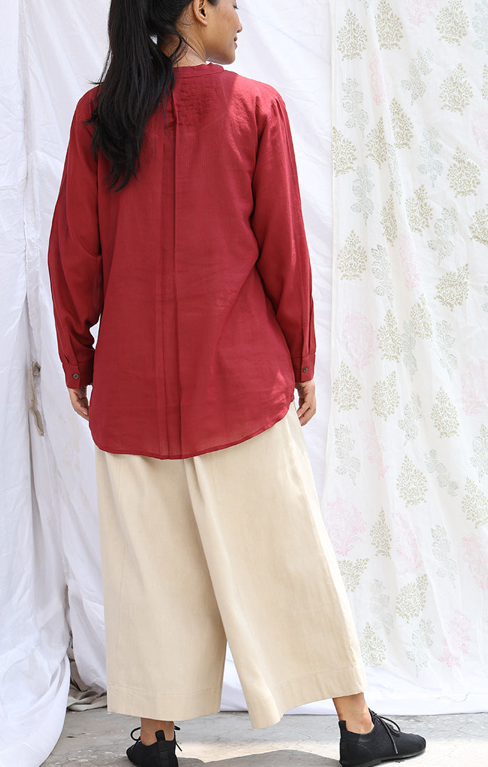 Handwoven Mul Shirt with Pockets- Crimson Red