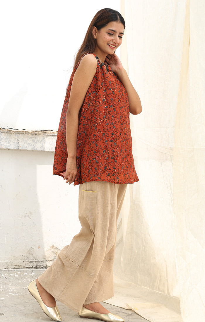 Ajrak Print Deep Madder Chanderi Top
