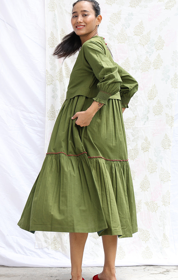 Sap Green Organic Cotton Tiered Dress