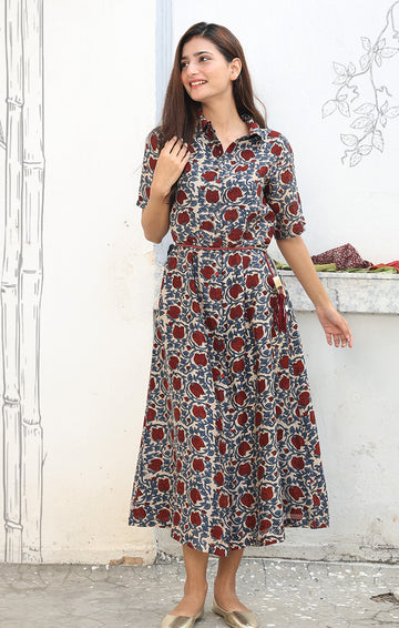 Chanderi Shirt Dress in Floral Ajrak Print