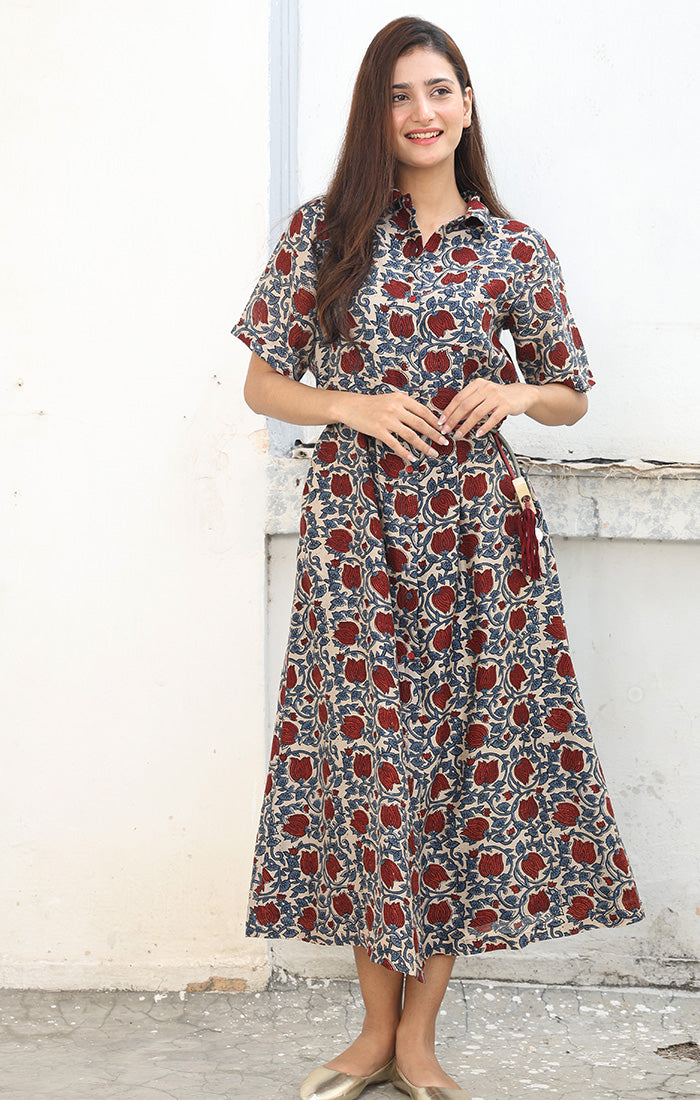Chanderi Shirt Dress in Floral Ajrak Print
