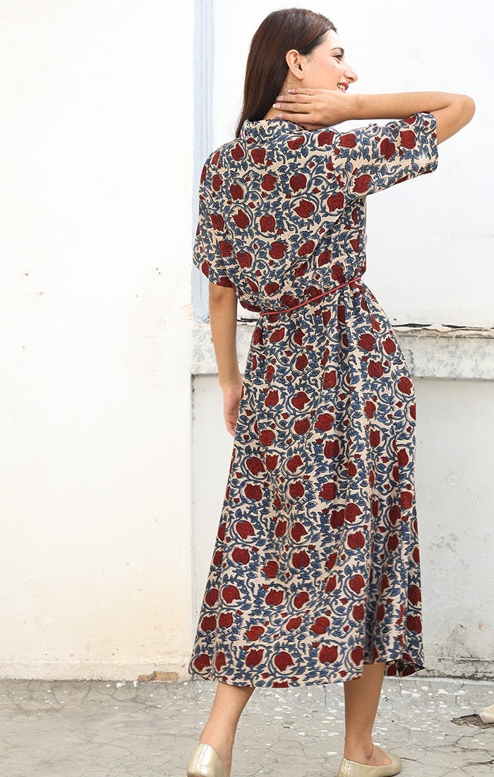Chanderi Shirt Dress in Floral Ajrak Print