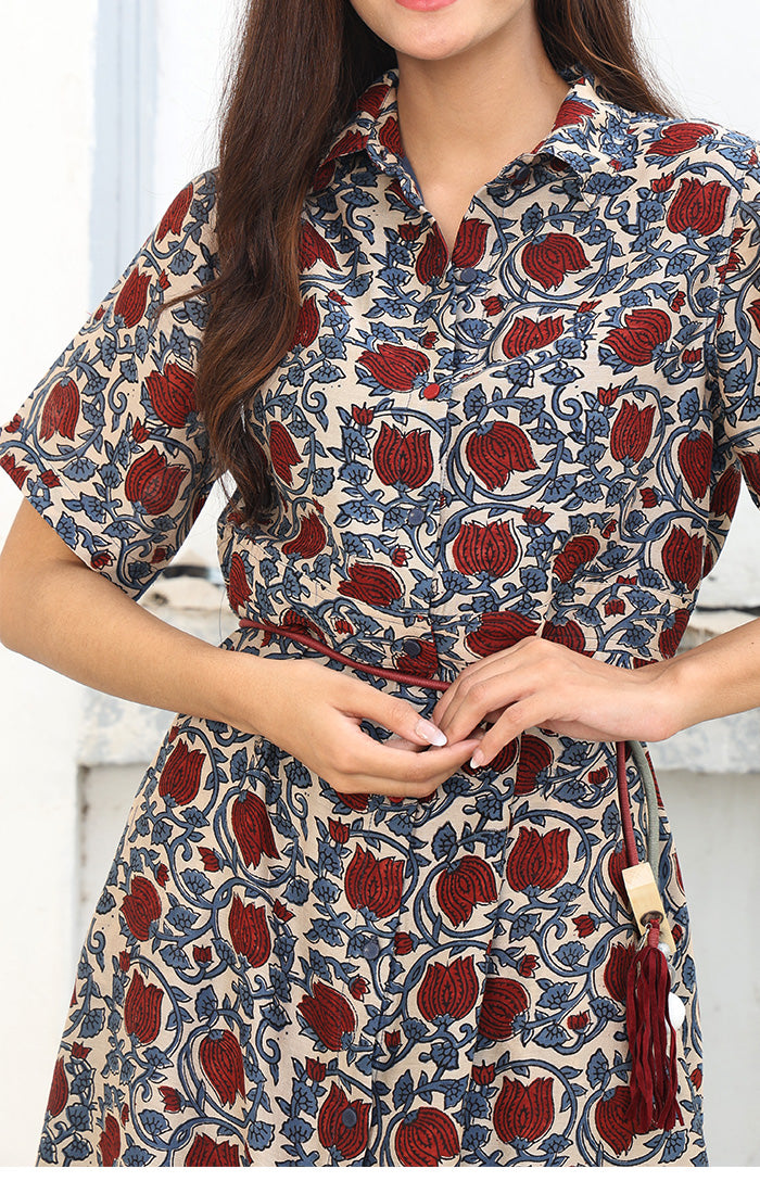 Chanderi Shirt Dress in Floral Ajrak Print