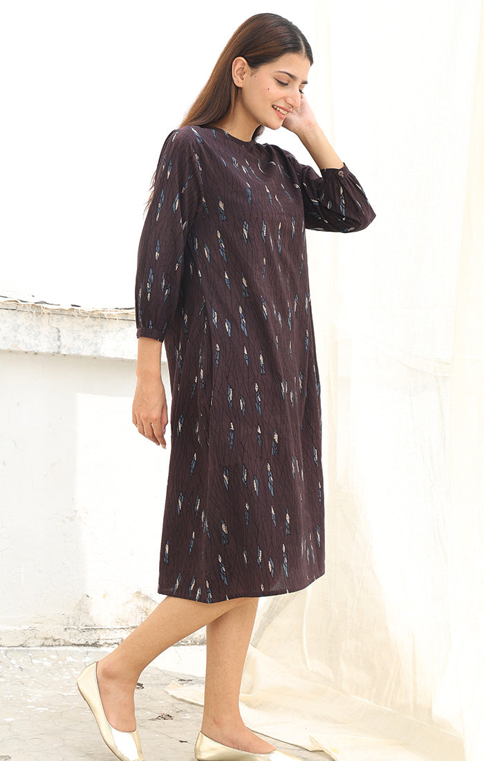 Shift Dress Ajrak Print in Cedar Brown