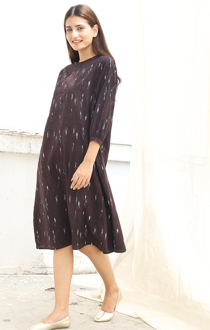 Shift Dress Ajrak Print in Cedar Brown