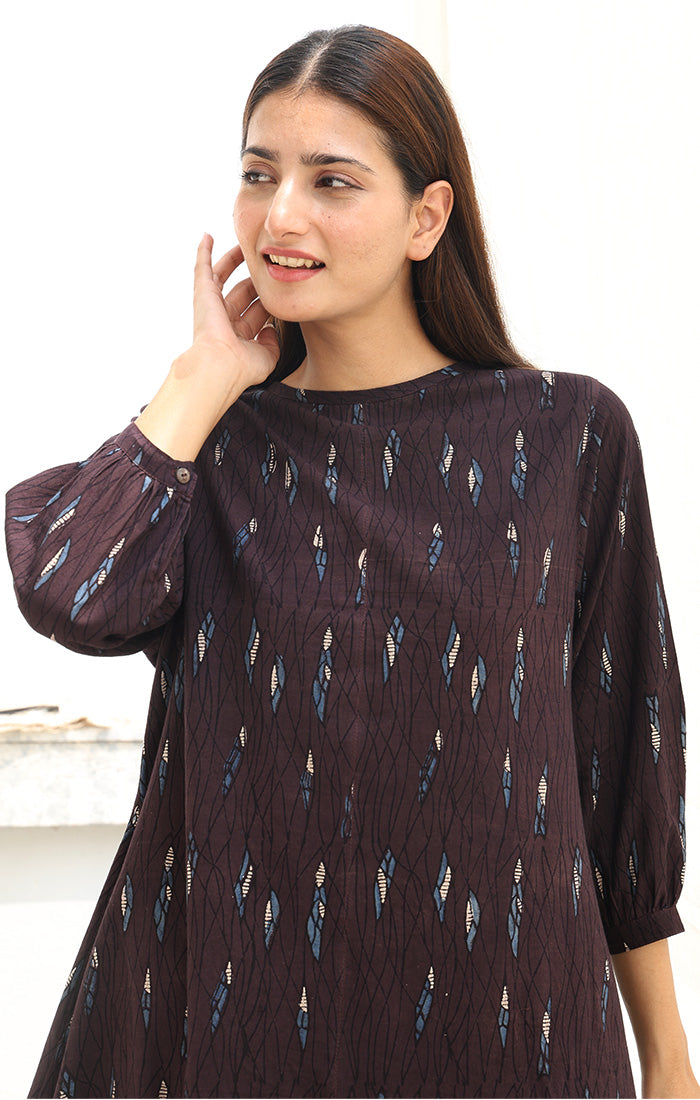 Shift Dress Ajrak Print in Cedar Brown