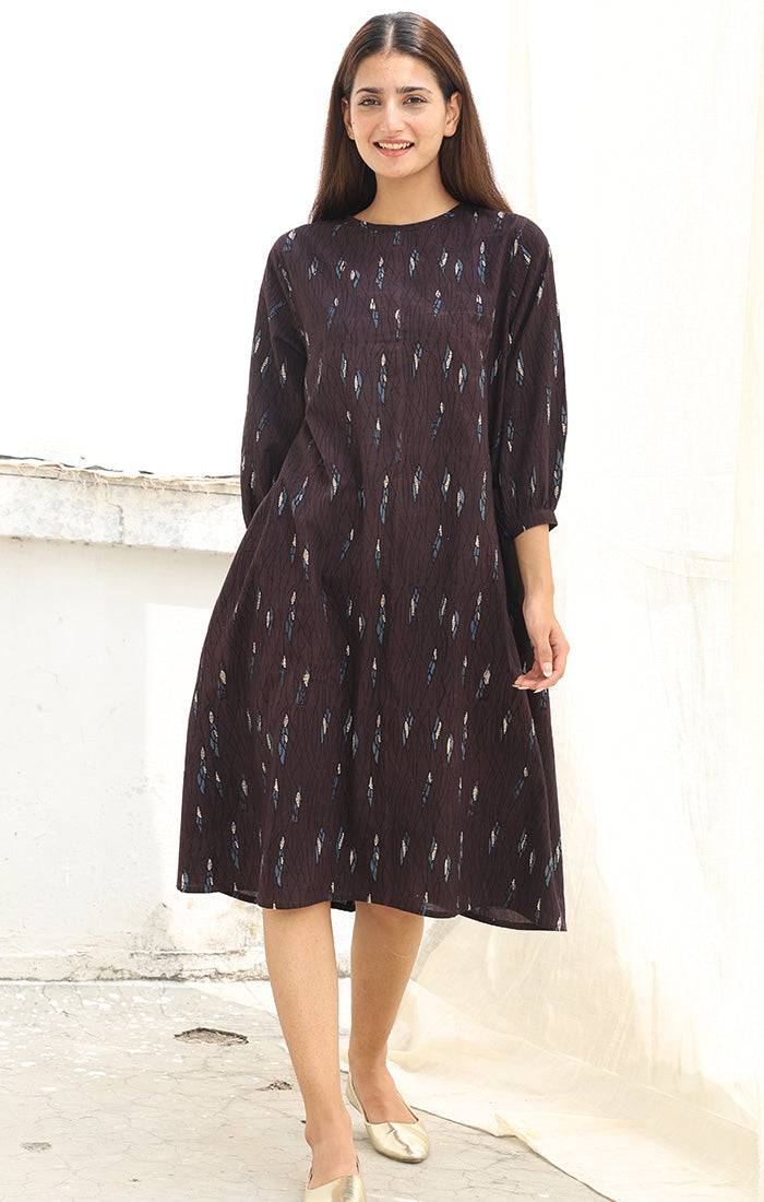 Shift Dress Ajrak Print in Cedar Brown