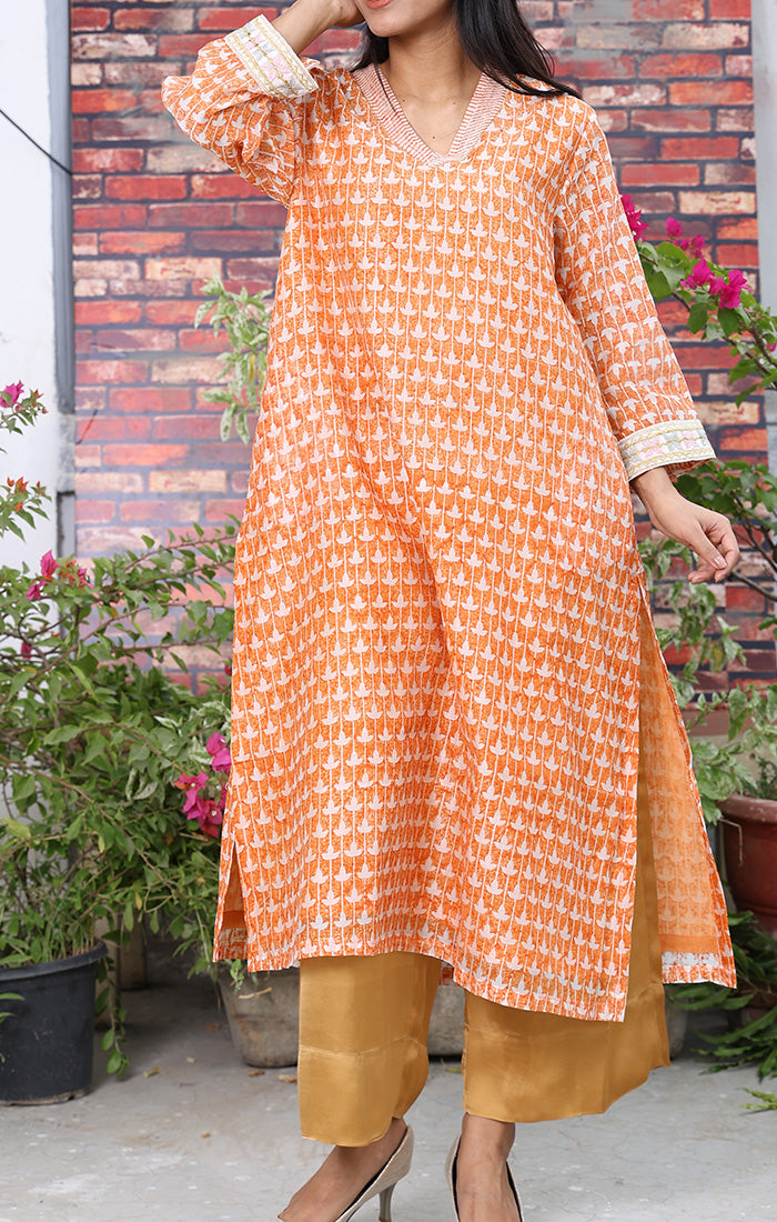 Chanderi Kurta with Tangerine Handblock Prints with Mellow Gold Modal Satin Pants