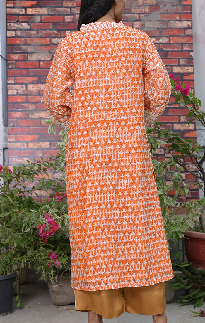 Chanderi Kurta with Tangerine Handblock Prints