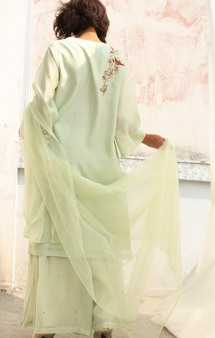 Chanderi Kurta in Tea Green with Palazzo and Silk Organza Dupatta