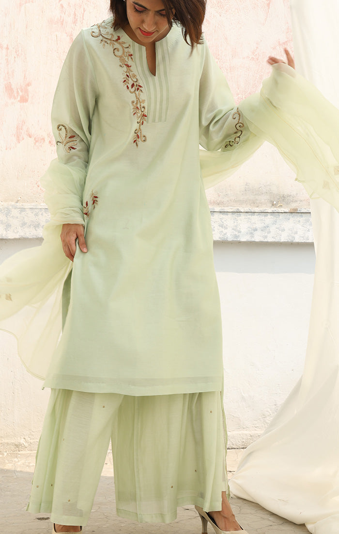 Chanderi Kurta in Tea Green with Palazzo and Silk Organza Dupatta