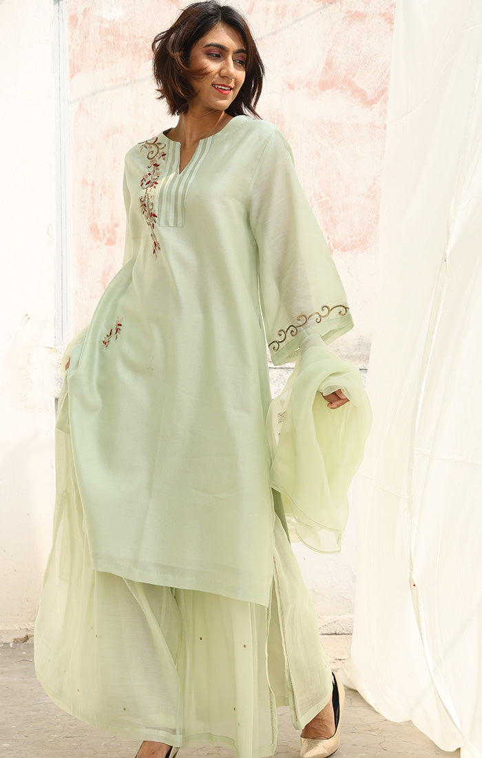 Chanderi Kurta in Tea Green with Palazzo and Silk Organza Dupatta