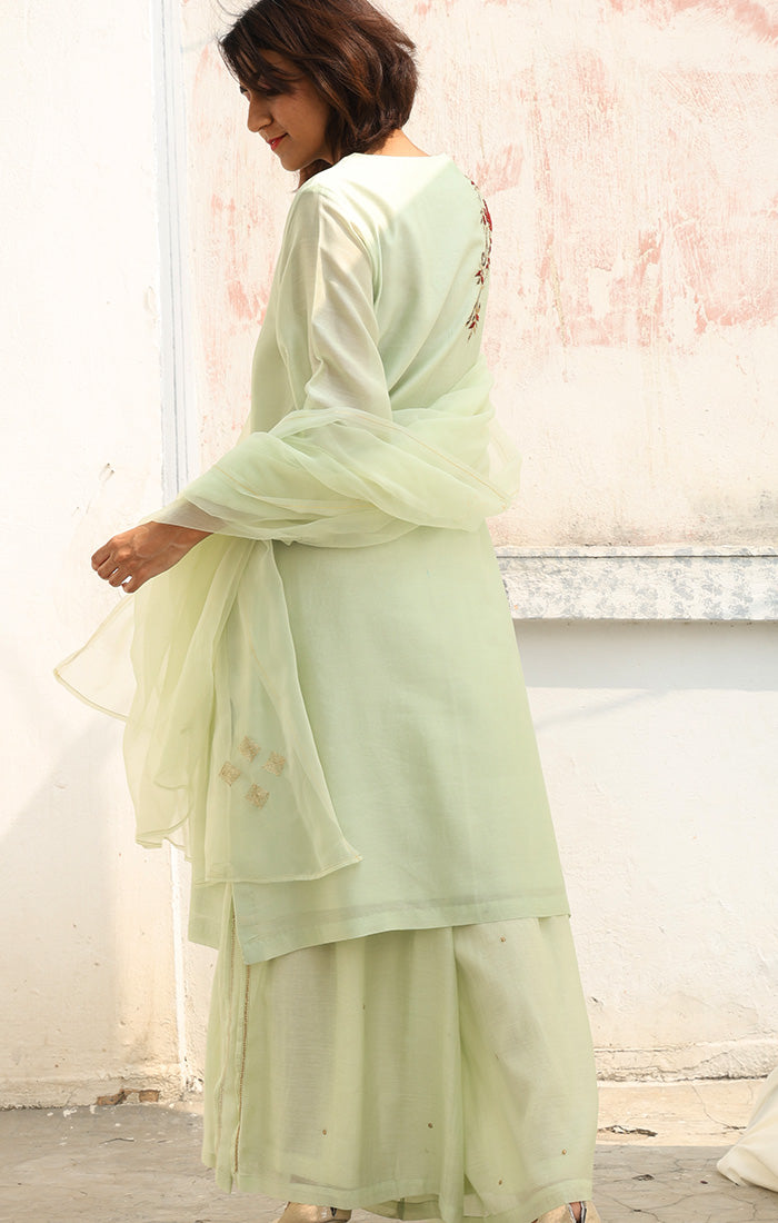 Chanderi Kurta in Tea Green with Palazzo and Silk Organza Dupatta