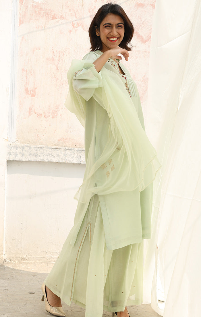 Chanderi Kurta in Tea Green with Palazzo and Silk Organza Dupatta