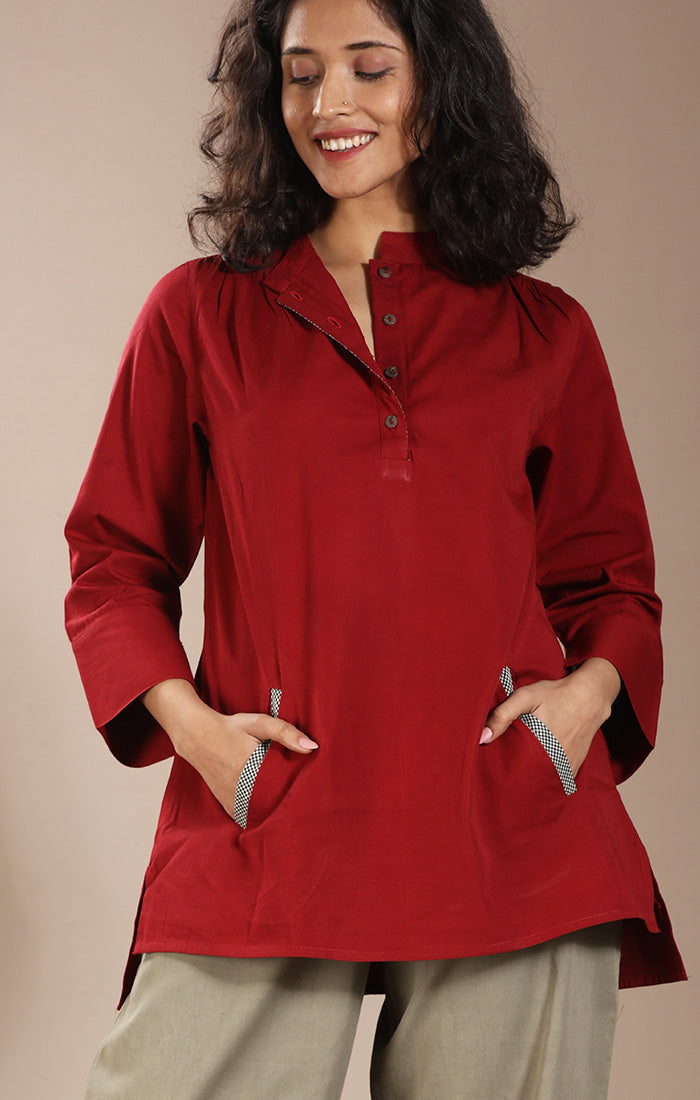 Cotton Twill Top Crimson Red with Taupe pants