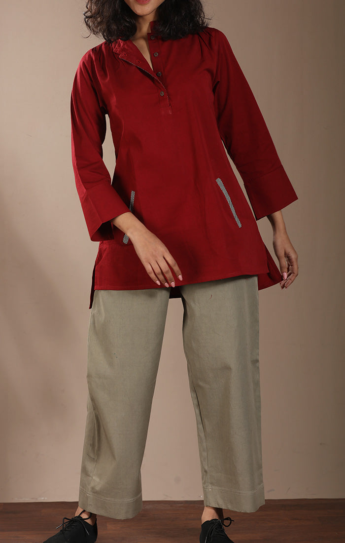 Cotton Twill Top Crimson Red with Taupe pants
