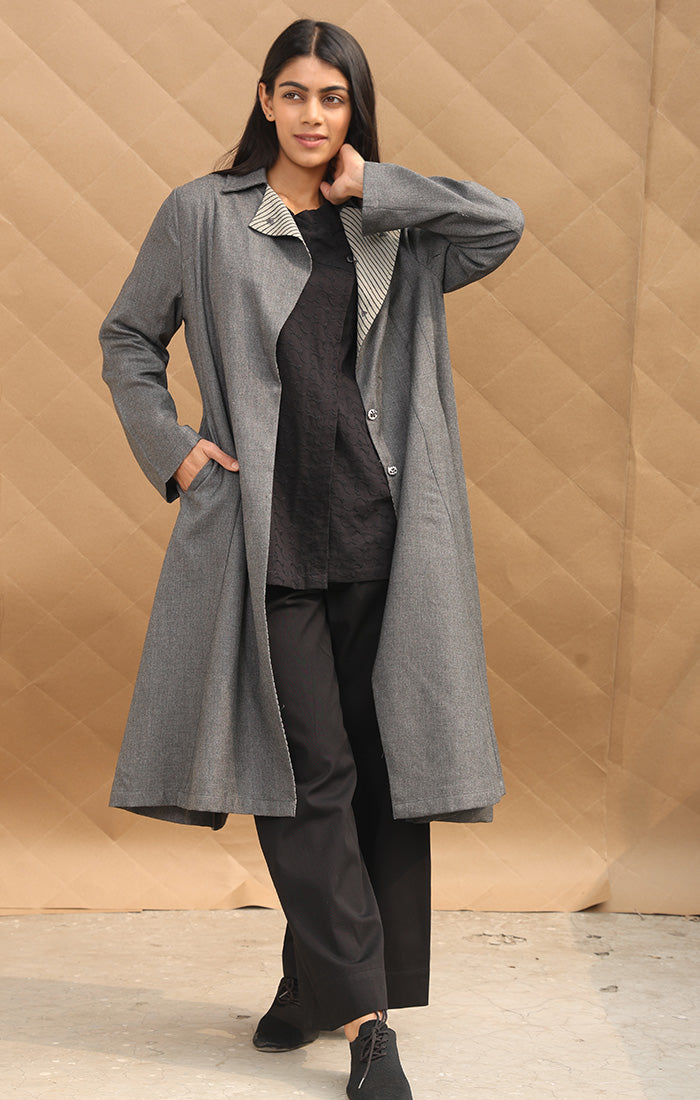 Pebble Grey Wool Twill Overcoat
