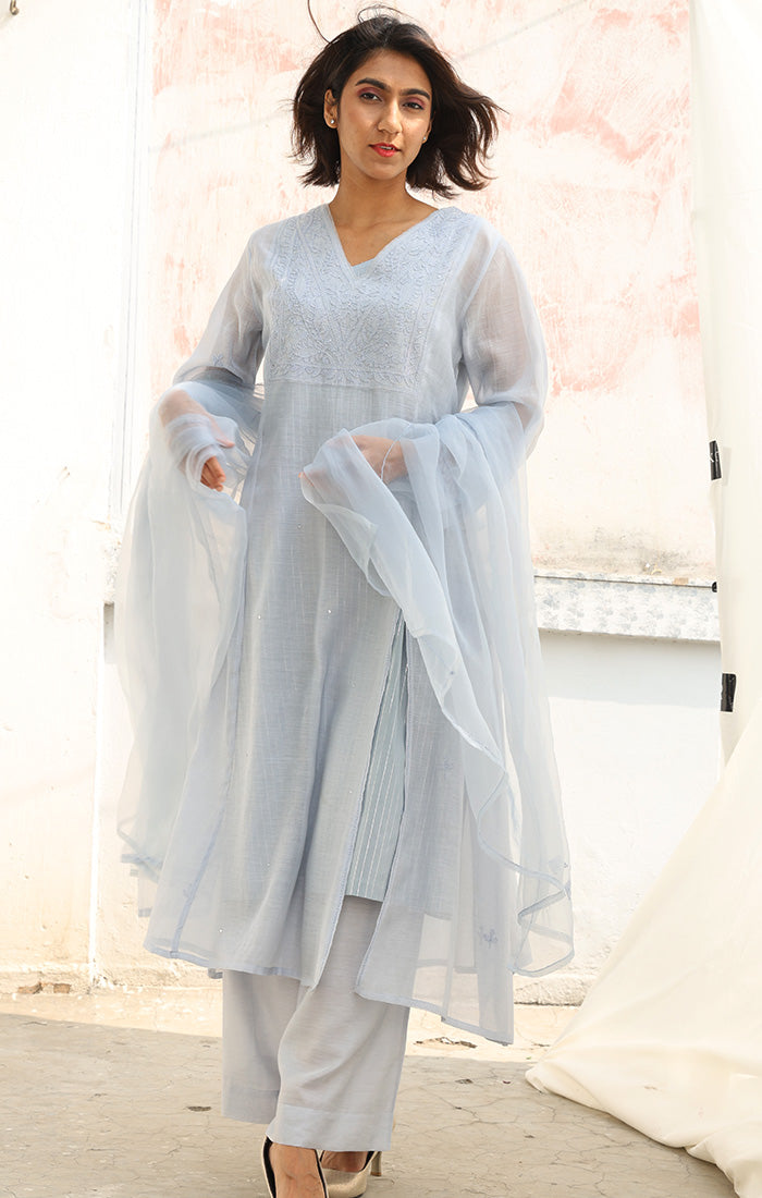 Ice Blue Chanderi Chikankari Kurta with Pants and Silk Organza Dupatta