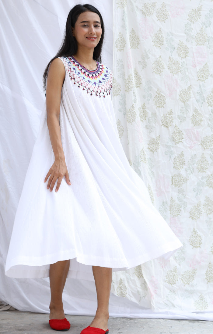 White Crinkle Dress with Neck Embroidery