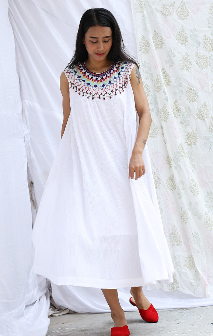 White Crinkle Dress with Neck Embroidery
