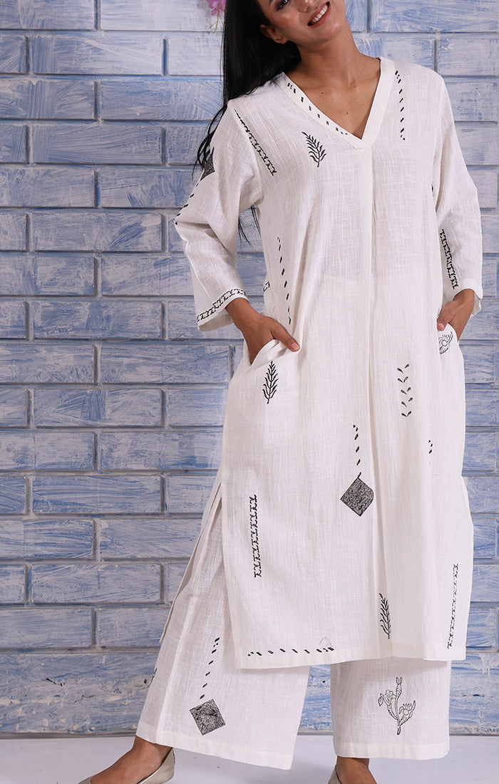 Abstract Charcoal Handblock Printed Tunic in Soft Pearl