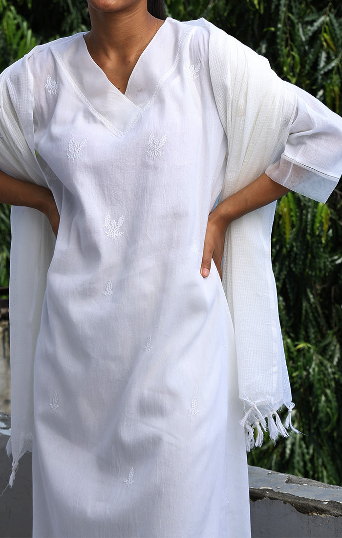 A line Tunic Dress - White with Pants and Dupatta