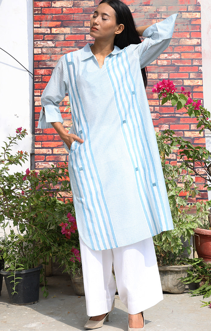 Pale Blue Handblock Printed Chanderi Kurta with Organic Cotton Pants