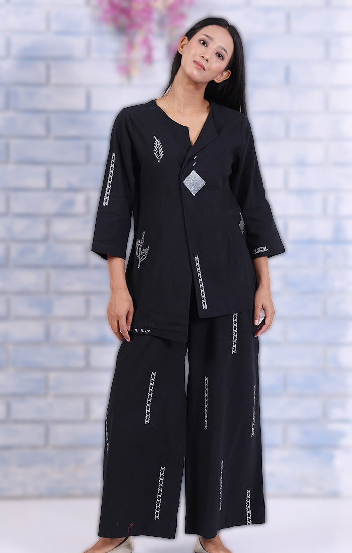 Abstract Charcoal Handblock Printed Top in Sable Black