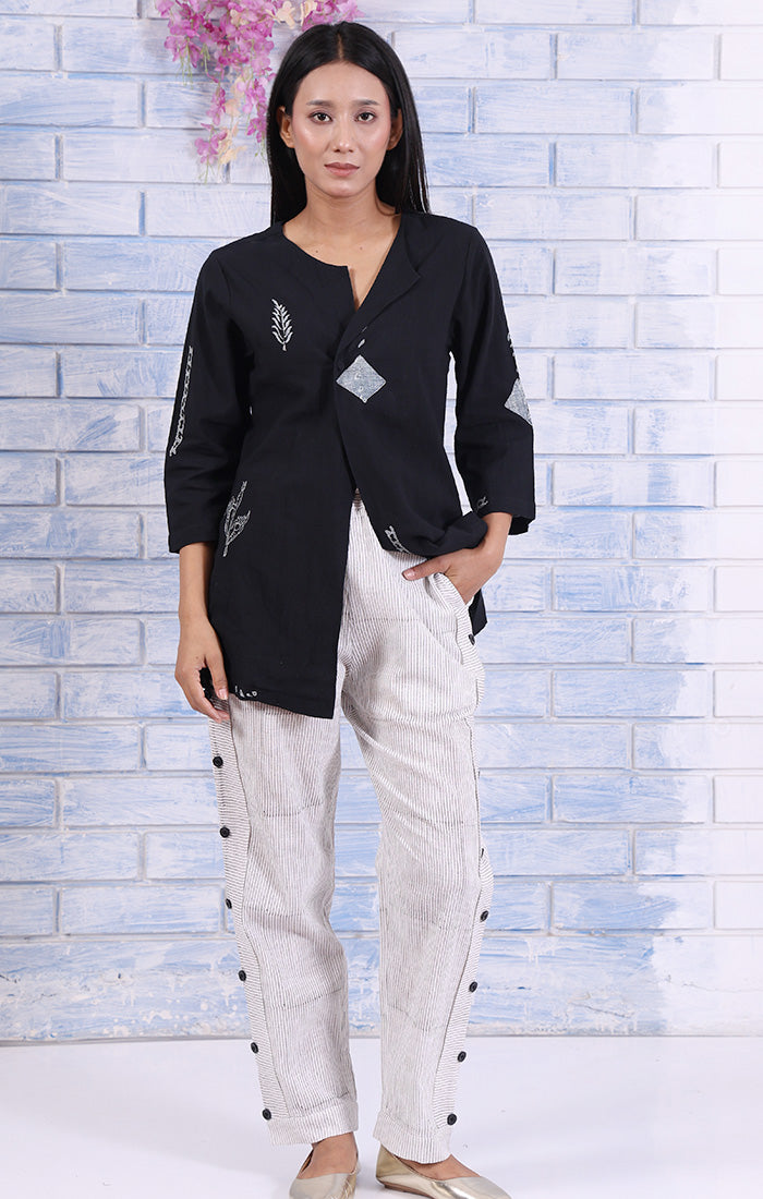 Abstract Charcoal Handblock Printed Top in Sable Black